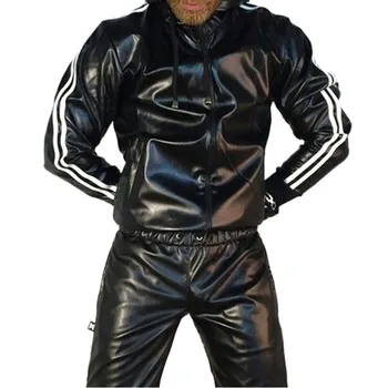 2022 Новый осенне-зимний мужской комплект, модная толстовка из искусственной кожи, Мотоциклетная повседневная куртка для бега, Спортивный костюм 9