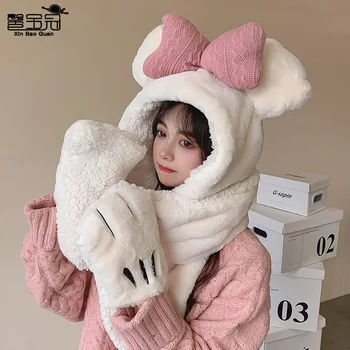 2023 Новая зимняя цельнокроеная плюшевая шапка с бантом, теплый комплект из трех предметов, детская Корейская модная шапка-пуловер 14