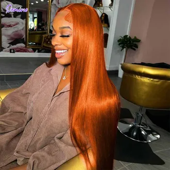 30-дюймовый Рыжевато-Оранжевый парик на шнурке из человеческих волос с прямой косточкой 13x4 Прозрачный парик на шнурке из Бразильских волос Remy Baby 9