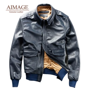 AIMAGE Мужские куртки из натуральной кожи с отложным воротником из воловьей кожи Jaqueta De Couro Masculino на молнии Moto Coat Синий Мужской бомбер Размер 7XL PY430 14