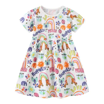 AL9630, Летнее новое детское платье для девочек с мультяшным принтом, платье принцессы с короткими рукавами, хлопковое платье с круглым вырезом