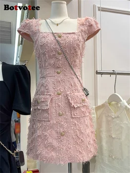 Botvotee Розовое платье с кисточками для женщин 2023 Летнее милое платье с квадратным воротником и летящими рукавами Новое модное элегантное мини платье трапециевидной формы