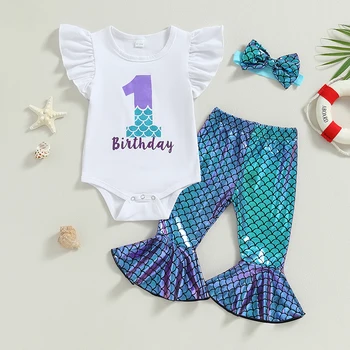 Citgeett/ Летние наряды для новорожденных девочек на день рождения, комбинезон с буквенным принтом и расклешенные брюки с цветочным рисунком Русалки, комплект одежды с повязкой на голову