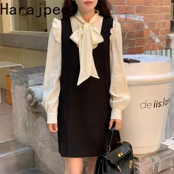 Harajpee 2023 Fashion French Ins, милая романтическая рубашка с пышными рукавами и бантом, многослойное платье-майка, женская осенняя одежда из двух предметов
