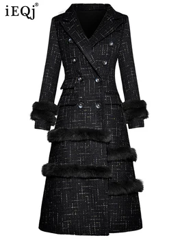 IEQJ Модное дизайнерское утепленное женское Двубортное приталенное повседневное пальто с длинным рукавом из искусственного меха 2023, новинка зимы WQ7970 14