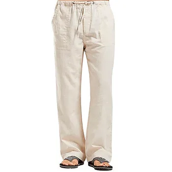 Jemeigar Мужские льняные свободные брюки с завязками, легкие брюки с прямыми штанинами и эластичным поясом, повседневные штаны для бега трусцой, пляжные штаны для йоги