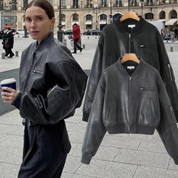 Maxdutti Женская кожаная куртка во французском ретро стиле, осенняя стеганая уличная куртка, женские зимние мотоциклетные короткие кожаные топы 3