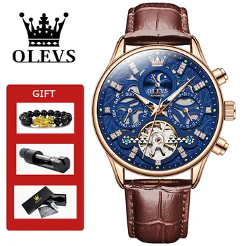 OLEVS Автоматические мужские часы со скелетом, водонепроницаемый кожаный ремешок, Календарь фазы Луны, наручные часы, мужские часы Relogio Masculino 12