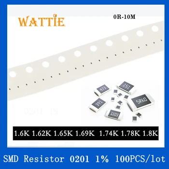 SMD резистор 0201 1% 1.6K 1.62K 1.65K 1.69K 1.74K 1.78K 1.8K 100 шт./лот микросхемные резисторы 1/20 Вт 0.6 мм * 0.3 мм 15