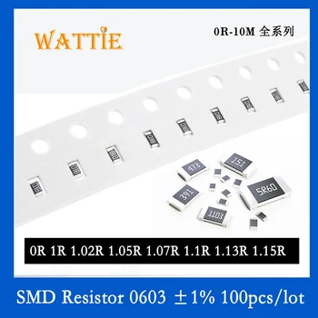 SMD резистор 0603 1% 0R 1R 1.02R 1.05R 1.07R 1.1R 1.13R 1.15R 100 шт./лот микросхемные резисторы 1/10 Вт 1.6 мм * 0.8 мм 5