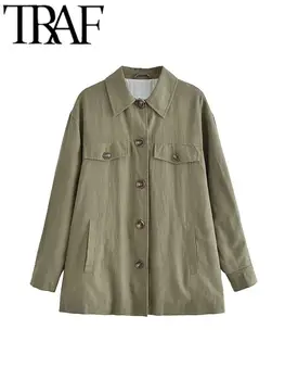 TRAF 2023 Женская мода Y2K Свободная куртка с отложным воротником и длинным рукавом, Однобортное верхнее пальто, Женская верхняя одежда, Осень 10