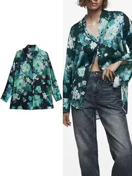 TRAF Летняя женская блузка с цветочным принтом 2023, Модная женская однобортная повседневная рубашка с отложным воротником и длинным рукавом, топы 4