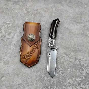 VG10 Дамасский складной карманный нож с ручкой из розового дерева в кожаных ножнах EDC, Коллекционный подарок для активного отдыха 12