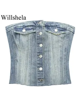 Willshela женский модный джинсовый однобортный корсетный топ винтажный без бретелек с вырезом лодочкой женские шикарные женские топы 1