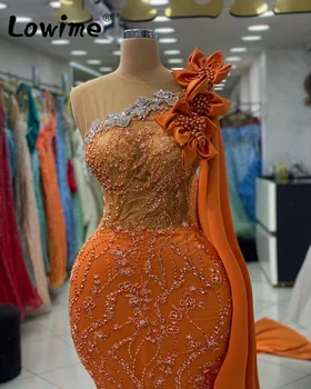 Арабский Оранжевый Длинные Вечерние платья Русалки с рукавом-накидкой 2023 Кристаллы 3D Цветок из бисера Вечерние платья для вечеринок Африканские платья для выпускного вечера 4
