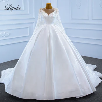 Бальное платье Liyuke с круглым вырезом, Свадебное платье из потрясающего атласа С пышными рукавами, свадебные юбки С бантом 14