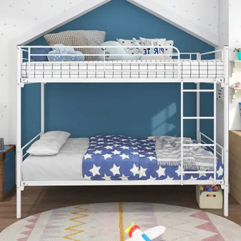 Белая двухъярусная кровать Twin-Over-Twin с металлическим каркасом и лесенкой, компактная конструкция, для внутренней мебели для спальни