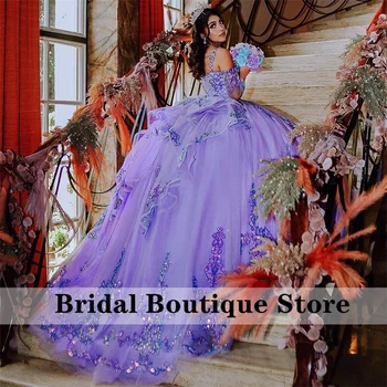 Блестящие фиолетово-лавандовые пышные платья принцессы с открытыми плечами, аппликации из пайеток, роскошные платья для 15-го выпускного вечера 14