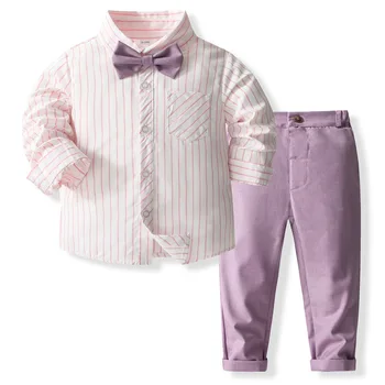 Весенняя одежда для маленьких мальчиков, Корейская мода, детские топы в полоску с длинными рукавами для джентльменов + брюки + галстук, Детский бутик одежды, комплект BC2266 8