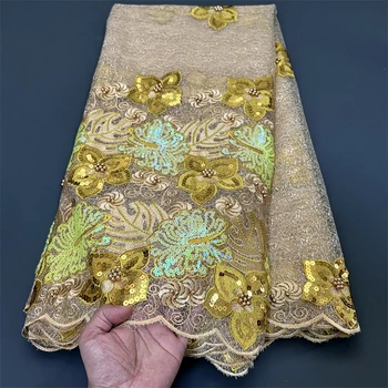Вечерние платья с вышивкой из африканской кружевной ткани, тюль, вышитый бисером, 5 ярдов, Нигерийская сетка, блестки, золотая ткань шириной 130 см 6