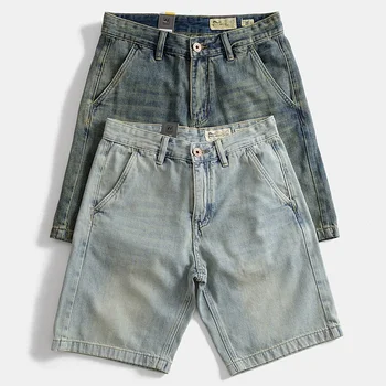 Винтажные хлопчатобумажные джинсовые шорты из старого выстиранного денима, мужские прямые свободные повседневные никелевые брюки светло-голубого цвета 8