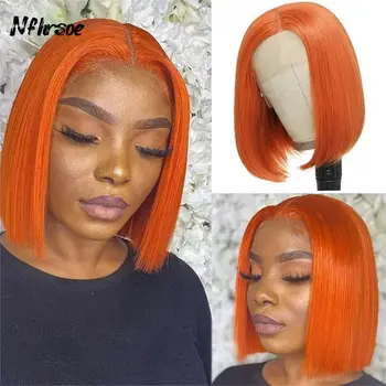 Выделите Рыжевато-Оранжевые кружевные передние Короткие парики-бобы Бесклеевой парик из человеческих волос Бразильской плотности Remy Кружевной Фронтальный парик для женщин 2