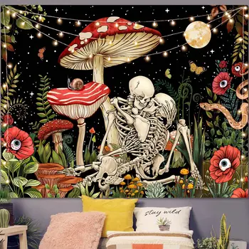 Гобелен с грибным черепом, Висящий на стене Скелет, цветочные Гобелены, Эстетичный Декор комнаты, Необычное растение, искусство природы, Украшение спальни