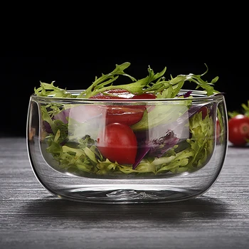Двойная стена стеклянная чаша термостойкий фруктовый салат миски миска сохраняет пищу горячей и холодной миске макарон десерт чаши