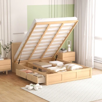Двуспальная/полноразмерная деревянная платформа-кровать с нижним хранилищем и 2 выдвижными ящиками, цвет дерева 14