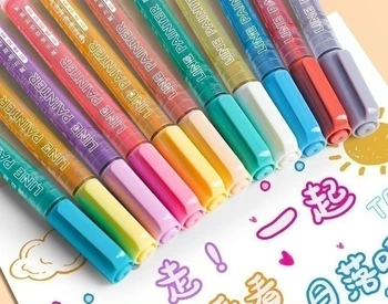Двухлинейная контурная ручка, маркерная ручка для студентов, многоцветный флуоресцентный двухцветный ручной счет, полая двойная серебряная подсветка 13
