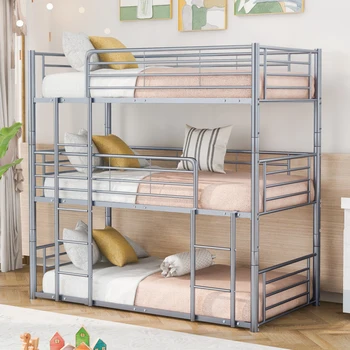 Двухместная трехместная кровать со встроенной лестницей, разделенная на три отдельные кровати, серая 10