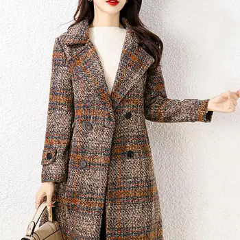 Деловое пальто средней длины, Женское Шерстяное пальто, Стильное женское шерстяное пальто в клетку с принтом, Двубортное пальто средней длины на осень/зиму 13