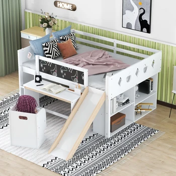 Деревянная полноразмерная кровать-чердак, детская кровать с Горкой, 4 Шкафа, Классная доска, Письменный стол и Стул, забавная кровать-чердак, Подходящая для детской спальни 5