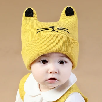 Детская Милая кепка с Мультяшным котом, осенне-зимняя кепка для малышей, Однотонные Мягкие Вязаные шапочки-Бини, Уличная Ветрозащитная Теплая кепка-капот 13