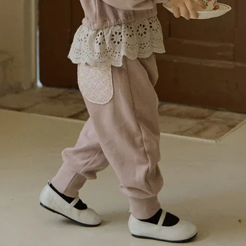 Детская одежда осенние повседневные брюки с цветочным карманом для девочек, однотонные гигиенические брюки, детские леггинсы, детская одежда 2023 года выпуска 4