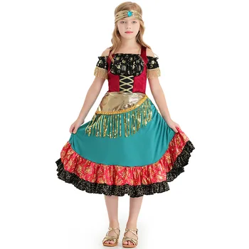Детская цыганская девочка, богемное кружевное танцевальное платье с блестками, платье для фламенко, костюмы для косплея на Хэллоуин, наряд для ролевых игр 11