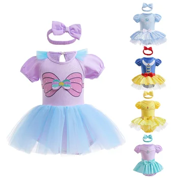 Детский балетный танцевальный костюм с круглым вырезом, детская одежда, юбка принцессы для девочек, Летние пышные боди для занятий танцами с короткими рукавами 3