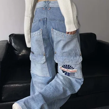 Джинсы с вышивкой в стиле American Street в стиле унисекс, винтажный дизайн с несколькими карманами, выстиранная пара, свободные универсальные джинсовые брюки с градиентом 12