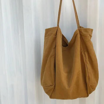 Женская большая вместительная холщовая сумка-тоут, простая сумка через плечо, однотонная сумка с ручкой 7