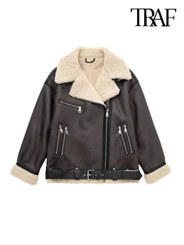 Женская мода TRAF С поясом, толстая теплая куртка из искусственной овчины, пальто, винтажная женская верхняя одежда на молнии с длинным рукавом, шикарные топы 10