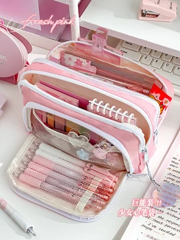 Женская Розовая Эстетическая сумка для карандашей, школьные кейсы большой емкости, Милый Корейский Держатель канцелярских принадлежностей, сумка для карандашей на молнии, школьные принадлежности 6