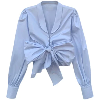 Женская рубашка с бантом Лето/ весна 2023, новый топ, синяя рубашка с длинным рукавом, дизайн, маленькие и популярные женские топы