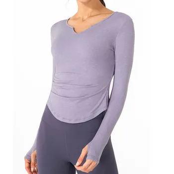 Женская спортивная футболка, эластичный топ для занятий йогой в тренажерном зале, обнаженное ощущение бега, V-образный вырез, тонкий женский блейзер с длинными рукавами, халат, Дышащий 13