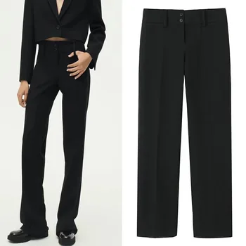 Женские брюки TRAF Black с низкой посадкой, осенние брюки 2023, женские винтажные прямые мешковатые брюки, женские передние карманы, уличная одежда 9
