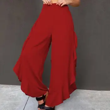 Женские брюки с высокой талией и эластичным поясом, длинные брюки, однотонные повседневные брюки с рюшами и отделкой, широкие брюки с разрезом, уличная одежда 6