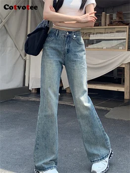 Женские джинсы Cotvotee с высокой талией на 2 пуговицах 2023, новые модные винтажные свободные джинсы-клеш, уличная одежда, шикарные брюки Y2k полной длины. 14
