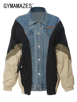 Женские осенние куртки GYMAMAZES с лацканами и длинным рукавом в стиле пэчворк, однобортное джинсовое пальто свободного кроя, женская мода. 5