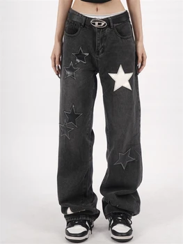 Женские прямые черно-серые джинсы с нашивкой в виде звезды, новые уличные брюки в стиле унисекс, женские джинсовые брюки с высокой талией и широкими штанинами 9