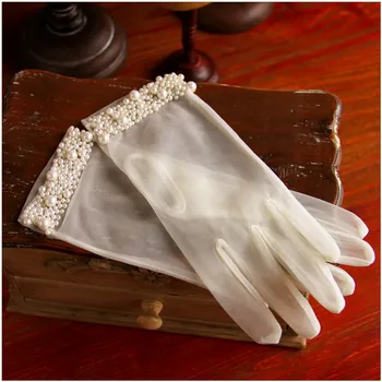Женские элегантные короткие перчатки с перспективной сеткой, расшитые жемчугом и бисером, женские сексуальные кружевные перчатки белого цвета R1659 2