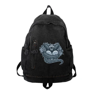 Женский мужской джинсовый рюкзак, женская сумка для отдыха, женские школьные сумки, подходящие для мальчиков и девочек, унисекс со змеиным рисунком, с принтом 10
